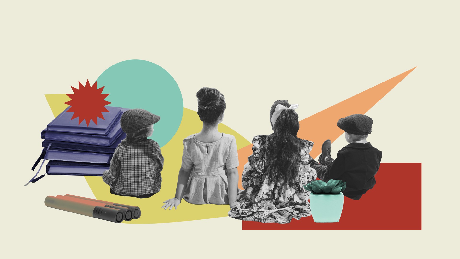 Boys and girl sitting in pile of books against abstract geometric background. Learning activity. Contemporary art collage.